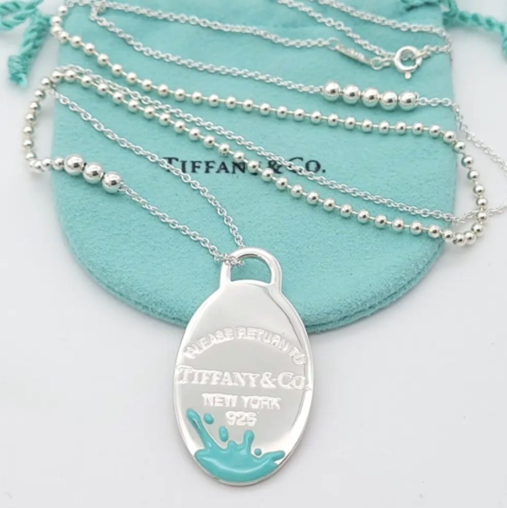 FINAL SALE 🚨Tiffany & Co Large Sterling Blue Enamel Oval Splash Necklace 28-30"